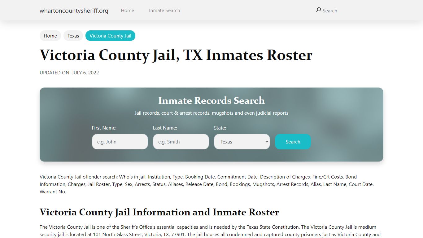 Victoria County Jail, TX Jail Roster, Name Search